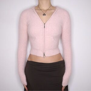 Y2K BEBE Fuzzy Pink Angora Cropped Hoodie (XS) 